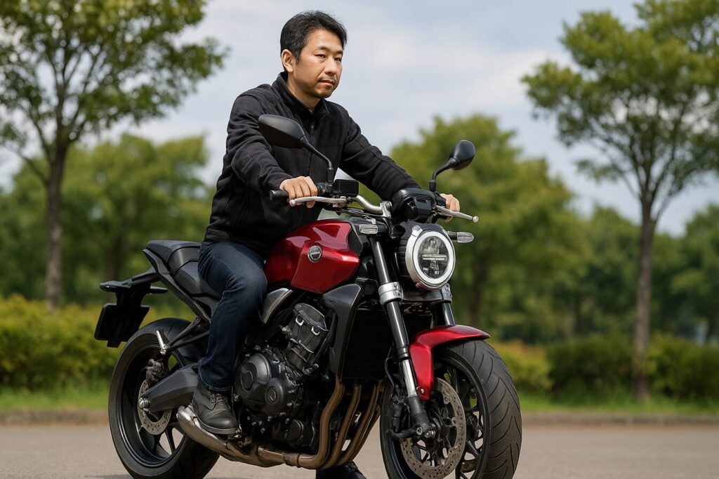 【2025年最新】ホンダCB1000Fのスペックを完全網羅!ライバル比較からカスタムまで徹底解説 斜め前アングルで日本人ライダーがCB1000F想定車に跨り両足を接地する足つき確認シーン