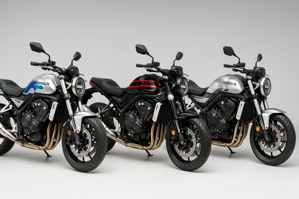 【2025年最新】ホンダCB1000Fのスペックを完全網羅!ライバル比較からカスタムまで徹底解説 スタジオ構図で3色のホンダCB1000F想定車を整列させたカラーバリエーション比較