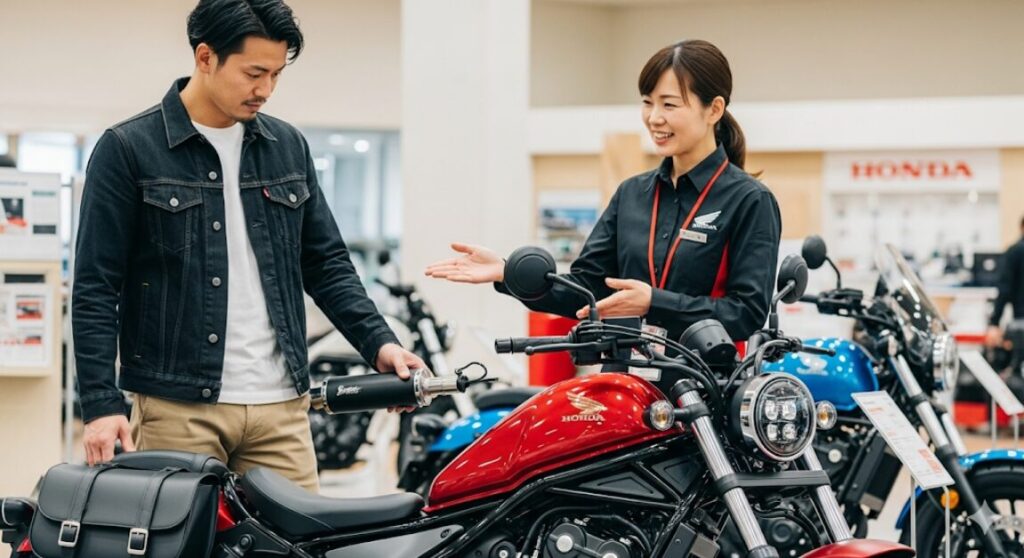後悔しないレブル1100選び! 燃費の真実と購入前に知るべき全欠点 ショールームでカスタムパーツについて店員と話している日本の男性。