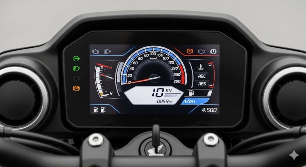 後悔しないレブル1100選び! 燃費の真実と購入前に知るべき全欠点 2025年モデルのホンダ レブル1100のTFTフルカラーメーターのクローズアップ画像。