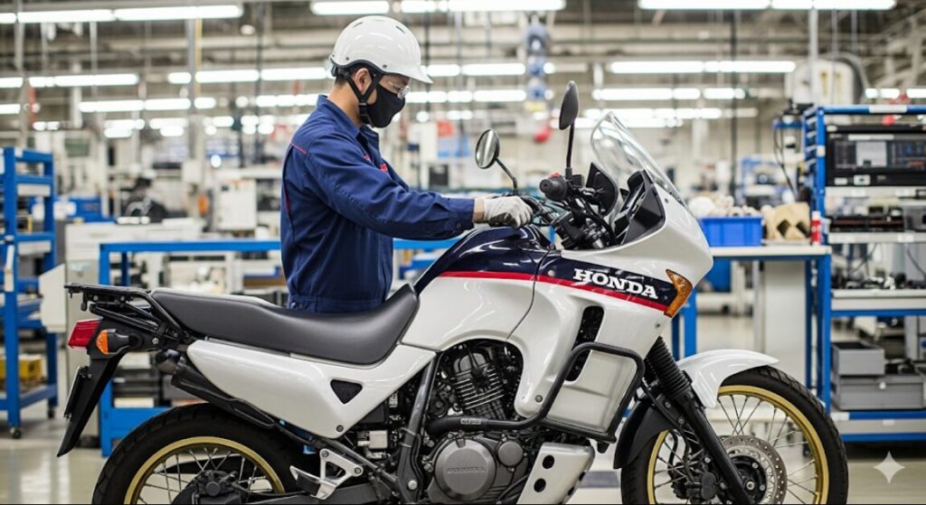 なぜXL750 トランザルプは「不人気」と言われる?その“誤解”と隠された本当の魅力 ホンダXL750トランザルプの生産工場で、日本の熟練した技術者がオートバイの組み立て作業を行っている様子。