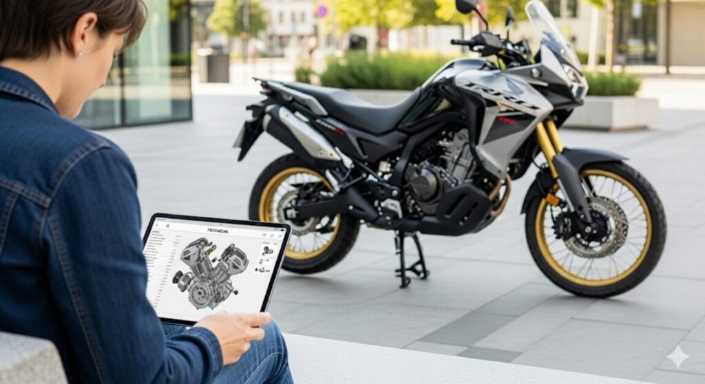 なぜXL750 トランザルプは「不人気」と言われる?その“誤解”と隠された本当の魅力 デジタルタブレットでXL750トランザルプのスペックを確認している人。背景にはオートバイが停められている。