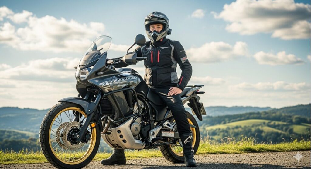 なぜXL750 トランザルプは「不人気」と言われる?その“誤解”と隠された本当の魅力 身長170cmの日本人男性ライダーが、XL750トランザルプにまたがり、足が地面にしっかりとついている様子。