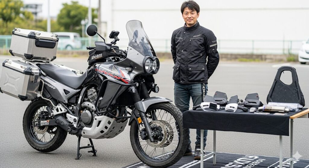 なぜXL750 トランザルプは「不人気」と言われる?その“誤解”と隠された本当の魅力 様々なカスタムパーツを装着したXL750トランザルプと、その横に立つ日本人。近くには追加のパーツが並べられている。