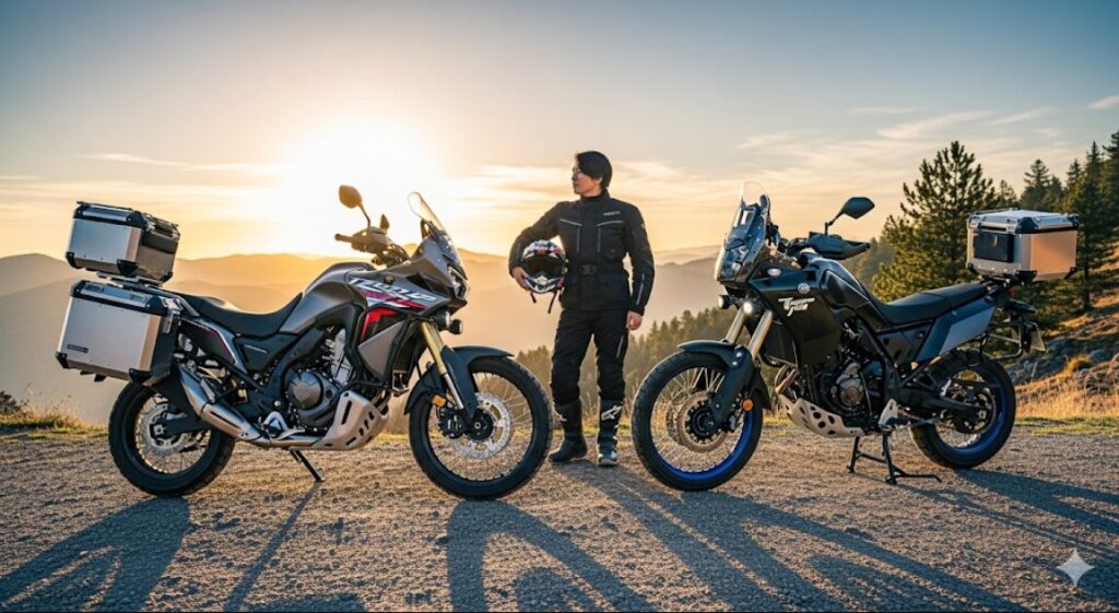 なぜXL750 トランザルプは「不人気」と言われる?その“誤解”と隠された本当の魅力 ホンダXL750トランザルプと別のモデルのアドベンチャーバイクが並んで停められており、それらを比較している日本人。