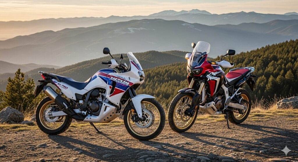 なぜXL750 トランザルプは「不人気」と言われる?その“誤解”と隠された本当の魅力 ホンダXL750トランザルプとアフリカツインが美しい景色の中で並んでおり、それぞれの違いを強調している様子。