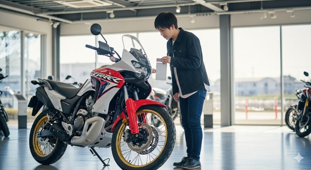なぜXL750 トランザルプは「不人気」と言われる?その“誤解”と隠された本当の魅力 新しいXL750トランザルプの価格タグを、ディーラーで確認している日本人。