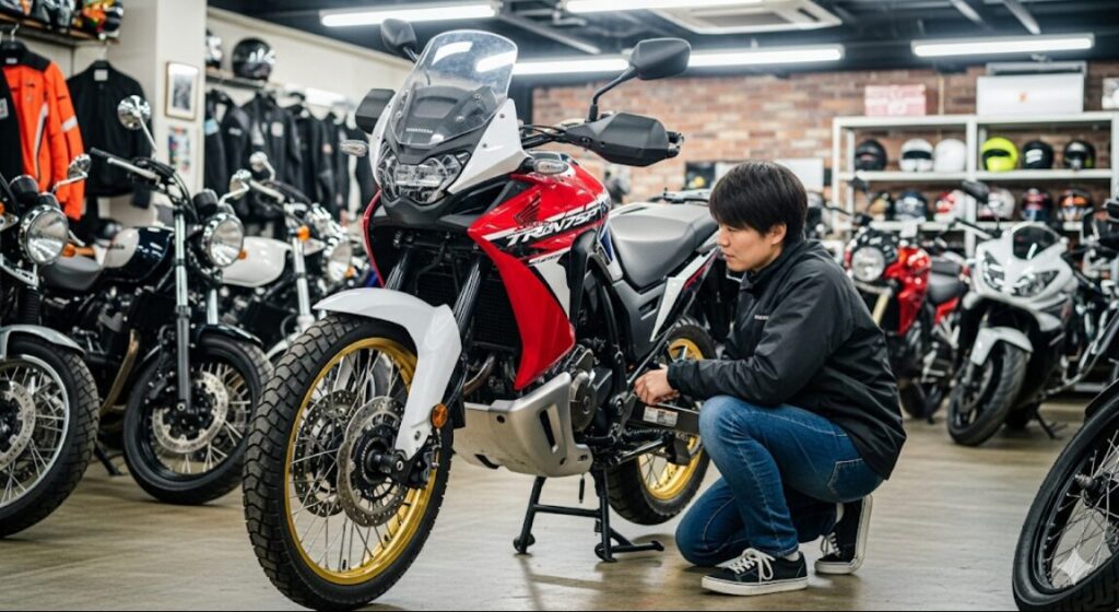 なぜXL750 トランザルプは「不人気」と言われる?その“誤解”と隠された本当の魅力 中古バイクショップで、状態の良いXL750トランザルプを熱心に点検している日本人。