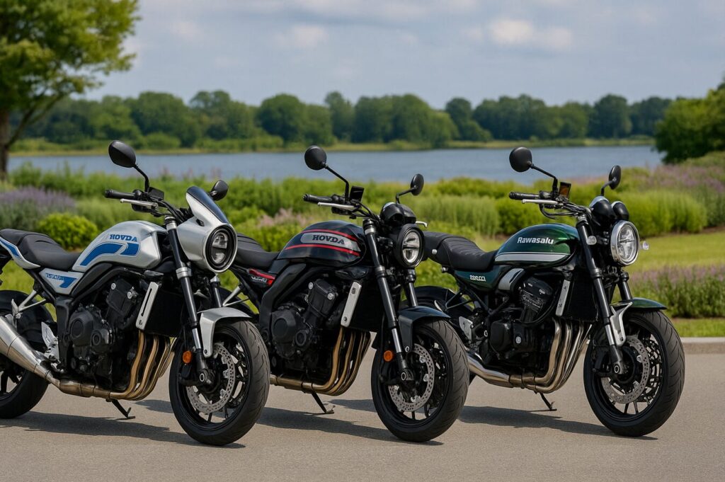 CB1000Fの発売日は2025年秋が有力!価格・予約から入手難易度までを完全予測 ホンダ CB1000Fの価格比較表。標準モデル、ビキニカウル付きのSEモデル、ライバルのカワサキ Z900RSの予想価格と車体を並べて視覚的に比較。