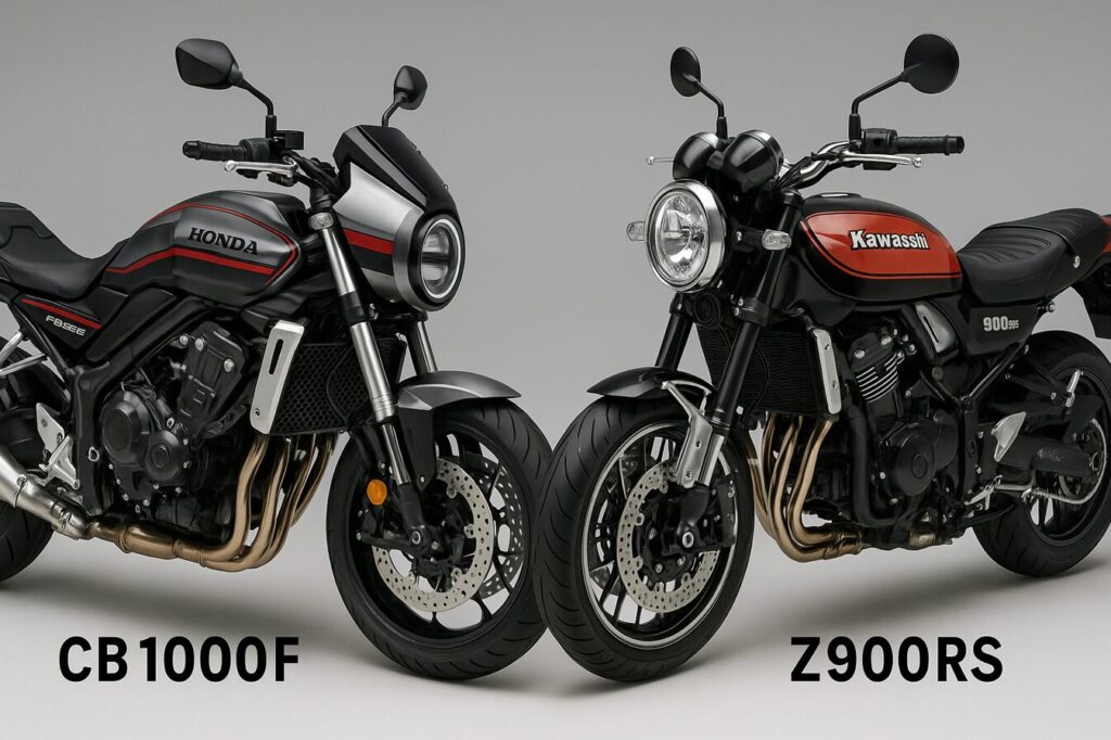 CB1000Fの発売日は2025年秋が有力!価格・予約から入手難易度までを完全予測 ホンダ CB1000Fと最大のライバルであるカワサキ Z900RSを真横から徹底比較した画像。直線的なCB1000Fと曲線的なZ900RSのデザイン哲学の違いが一目でわかる。