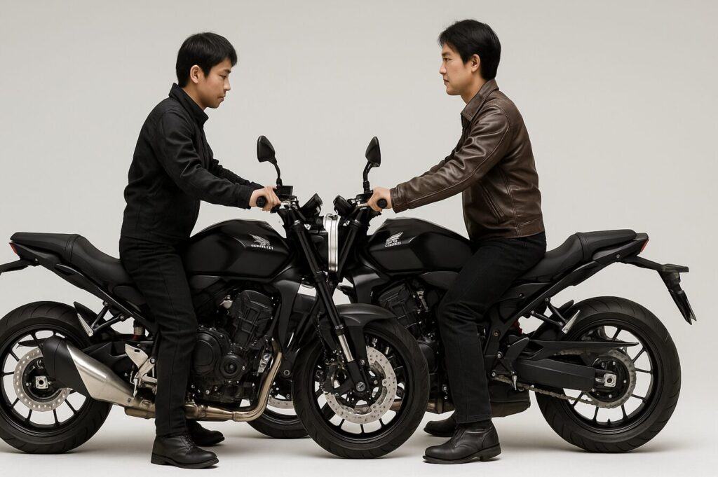 【徹底解説】CB1000Fのシート高は本当に高い?足つきの不安を解消する全知識 身長170cmと176cmの日本人ライダーがCB1000Fに跨り、足の接地状態を比較している画像。