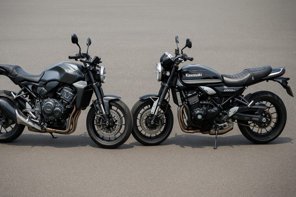 【徹底解説】CB1000Fのシート高は本当に高い?足つきの不安を解消する全知識 ホンダCB1000FとカワサキZ900RSを並べ、シート形状とスタイルを比較できるサイドビュー画像。