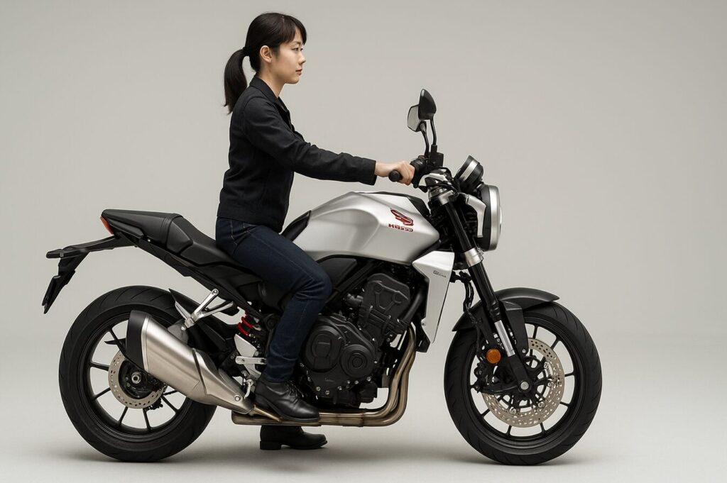 【徹底解説】CB1000Fのシート高は本当に高い?足つきの不安を解消する全知識 身長160cm台の女性ライダーがCB1000Fに跨り、つま先立ちで地面に接地している様子。