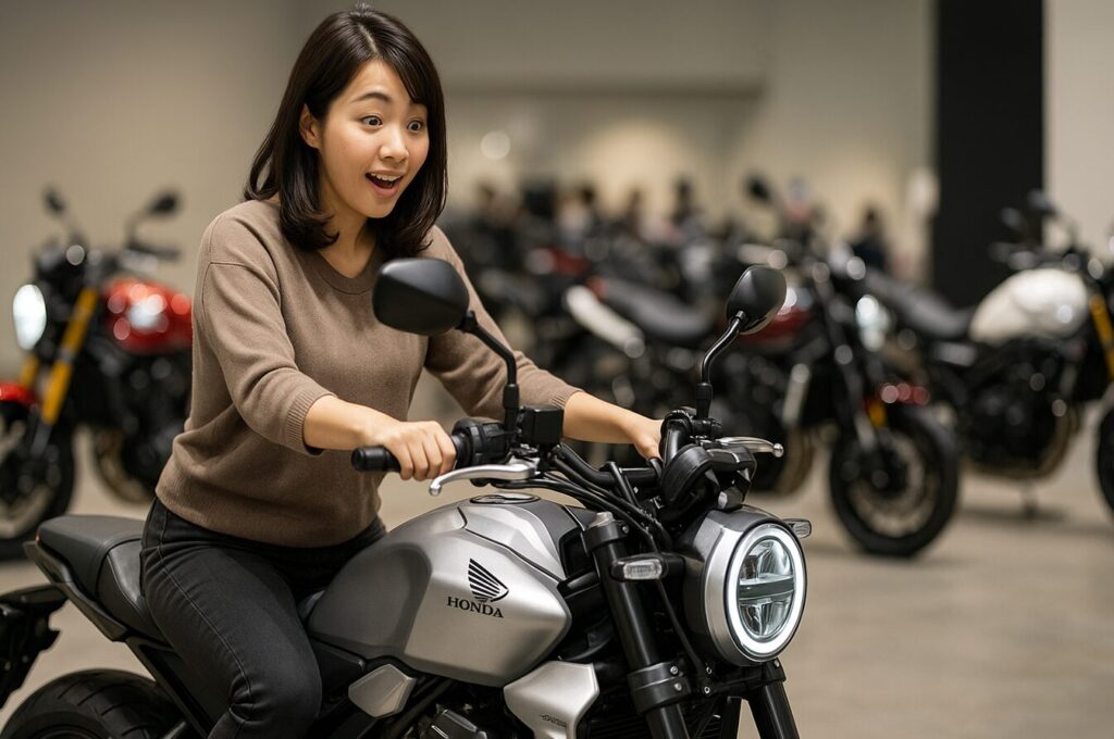 【徹底解説】CB1000Fのシート高は本当に高い?足つきの不安を解消する全知識 イベント会場で日本人女性ライダーがCB1000Fに跨り、コンパクトさに驚いているシーン。