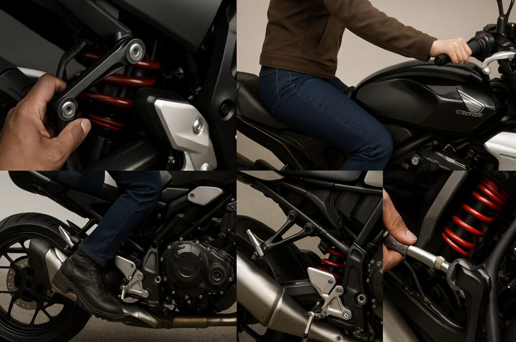 【徹底解説】CB1000Fのシート高は本当に高い?足つきの不安を解消する全知識 CB1000Fの足つきを改善するためのカスタム例(ローダウンリンク、ローシート、厚底ブーツ、サスペンション調整)のイメージ。