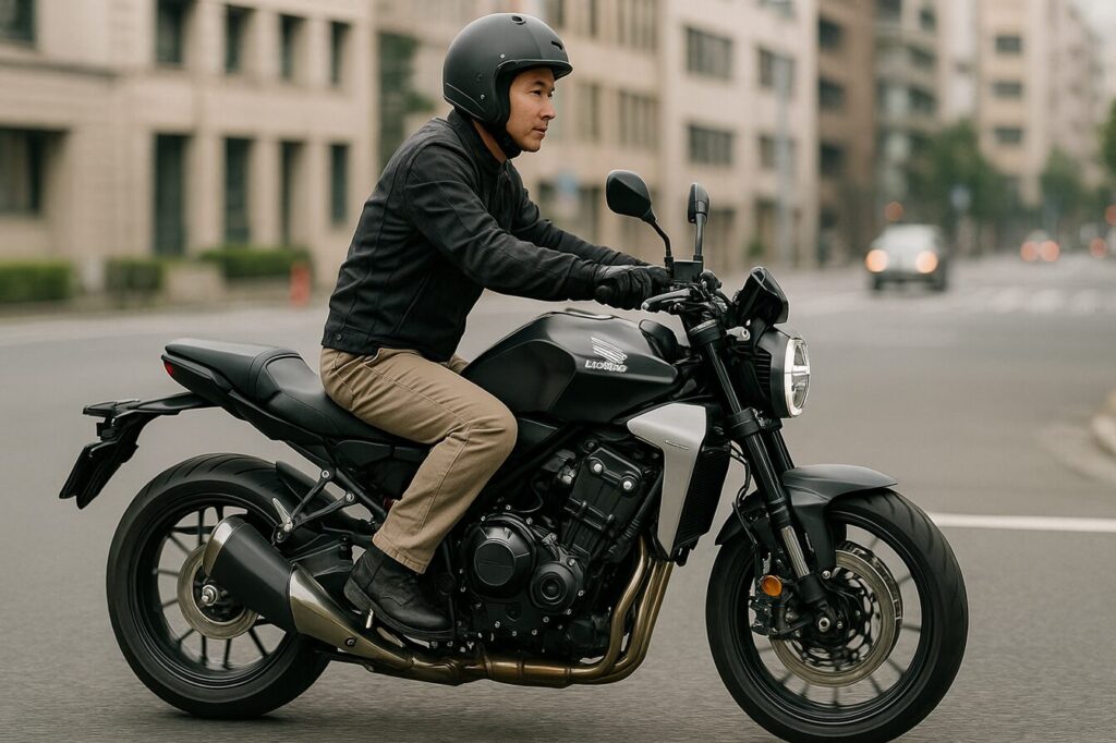 【徹底解説】CB1000Fのシート高は本当に高い?足つきの不安を解消する全知識 日本人ライダーが街中でCB1000Fを走らせているシーン。車体全体のスタイリングが分かる。