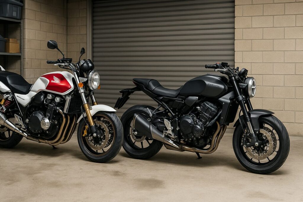 なぜCB1000Fは「軽い」のか?重量スペックと体感的な軽さの秘密を徹底解剖 旧型のCB1300SFと新型のCB1000Fコンセプトを並べ、50kg以上の重量差とコンセプトの違いを視覚的に比較するガレージの風景。