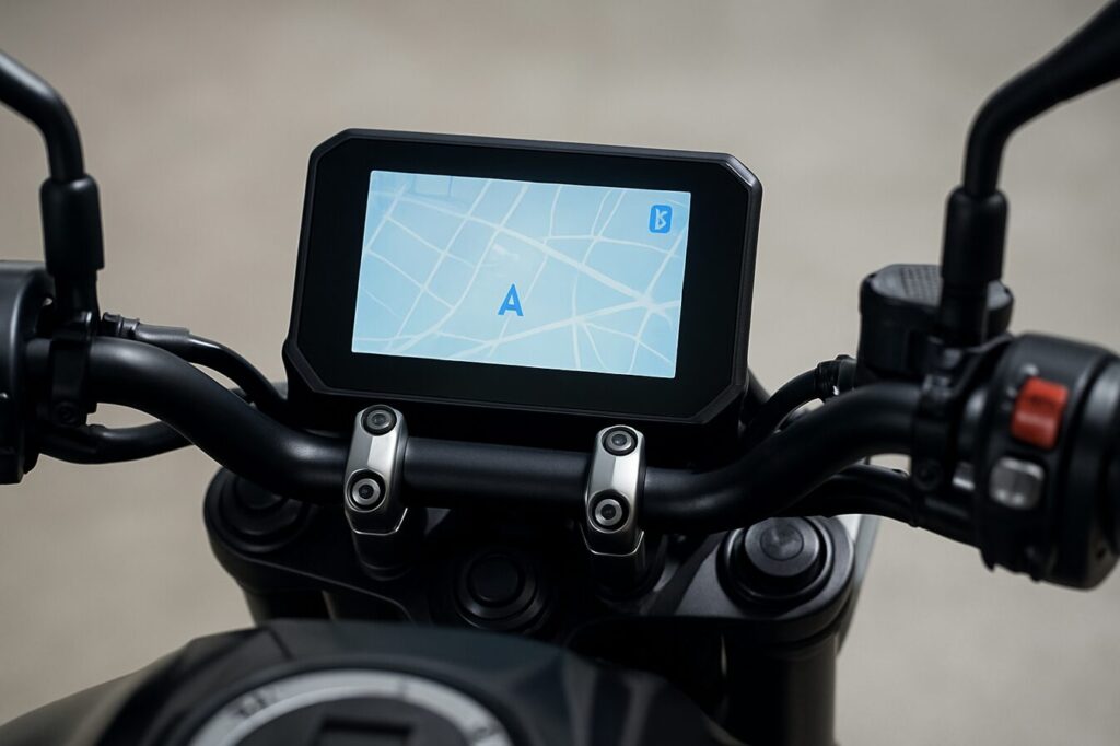 なぜCB1000Fは「軽い」のか?重量スペックと体感的な軽さの秘密を徹底解剖 CB1000Fに搭載される見込みの5インチフルカラーTFT液晶メーターとスマートフォン連携機能の鮮明な画像。
