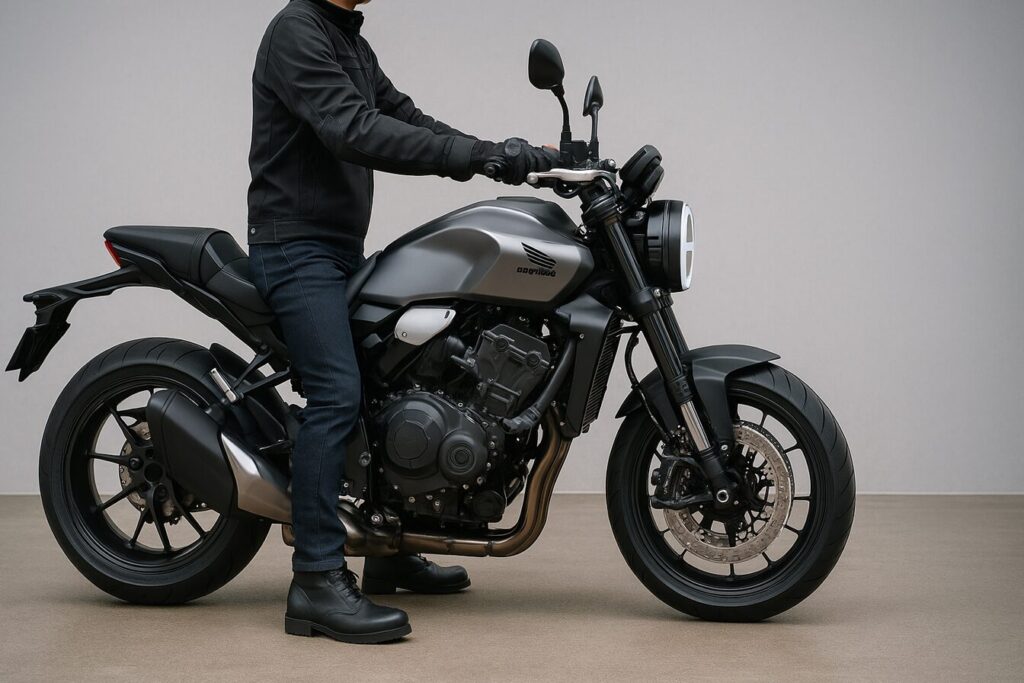 なぜCB1000Fは「軽い」のか?重量スペックと体感的な軽さの秘密を徹底解剖 身長170cm前後の日本人ライダーがCB1000Fに跨り、両足が地面にしっかりと接地していることを示す足つき性のイメージ。