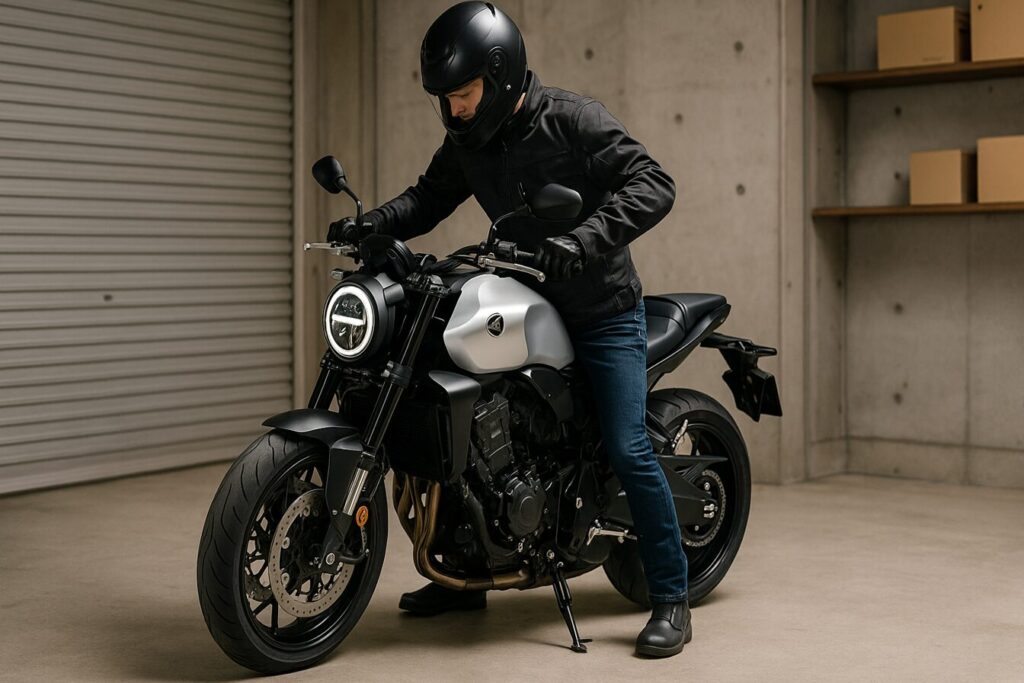 なぜCB1000Fは「軽い」のか?重量スペックと体感的な軽さの秘密を徹底解剖 ガレージでライダーがCB1000Fをサイドスタンドから軽く引き起こしている、取り回しの良さを表現するシーン。
