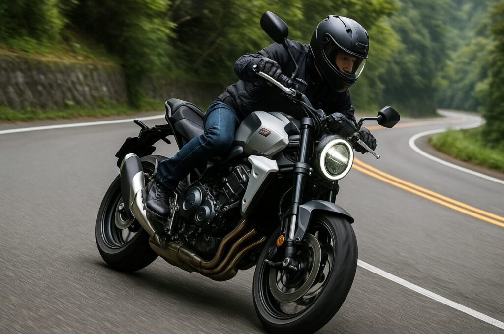 なぜCB1000Fは「軽い」のか?重量スペックと体感的な軽さの秘密を徹底解剖 CB1000Fコンセプトがワインディングロードで軽快にバンクし、俊敏なハンドリング性能をアピールする走行写真。