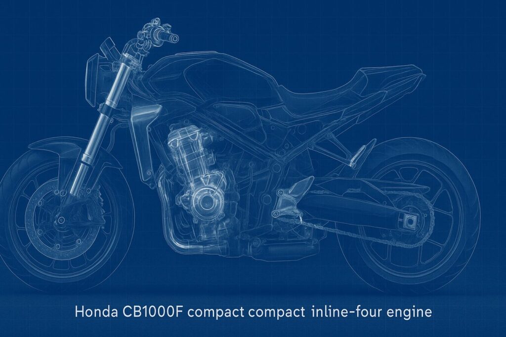 なぜCB1000Fは「軽い」のか?重量スペックと体感的な軽さの秘密を徹底解剖 CB1000Fのエンジンとフレームの断面図または透視図。コンパクトなエンジンが車体の低い位置に配置されている低重心設計を強調。