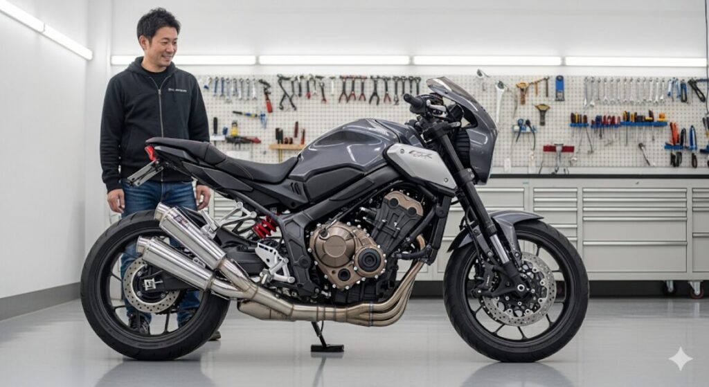 CB650Rカフェレーサーカスタムガイド【パーツ・マフラー】 珍しいマフラーの2本出しカスタム