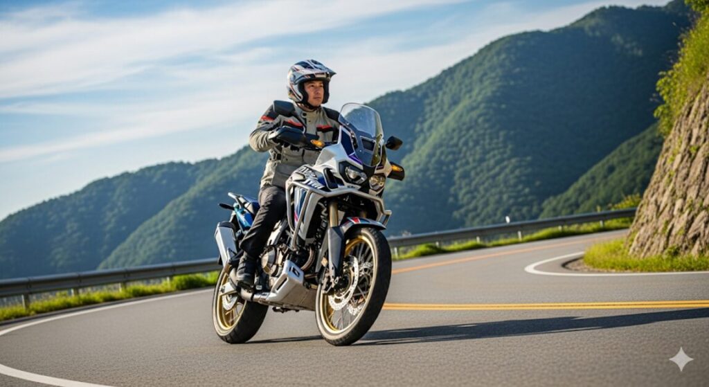 【CRF1100L徹底解説】アフリカツインは本当に「つまらない」のか?後悔する人、最高の相棒になる人の決定的違い 景色の良いワインディングロードを走行するホンダ・アフリカツインと日本人ライダー。バランスの取れた優等生な特性を表現。