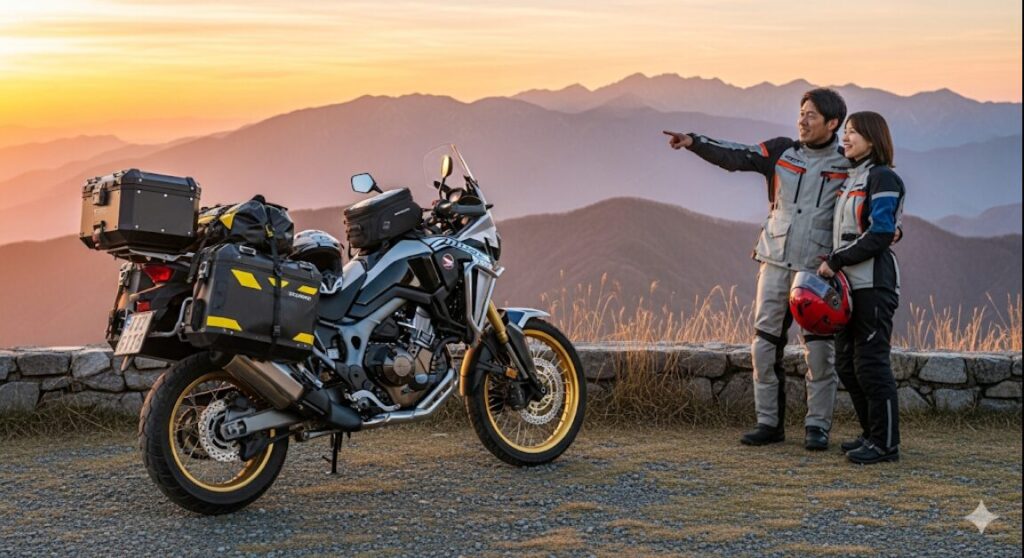 【CRF1100L徹底解説】アフリカツインは本当に「つまらない」のか?後悔する人、最高の相棒になる人の決定的違い 夕暮れの絶景を前に、荷物を満載したアフリカツインの側で寄り添う日本人カップル。最高のロングツーリング体験を象徴する一枚。