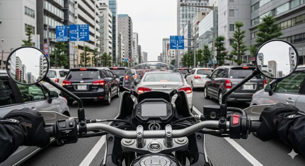 【CRF1100L徹底解説】アフリカツインは本当に「つまらない」のか?後悔する人、最高の相棒になる人の決定的違い 日本の都市部の渋滞にはまるアフリカツインのライダー視点の画像。広いハンドル幅がすり抜けの難しさを物語っている。