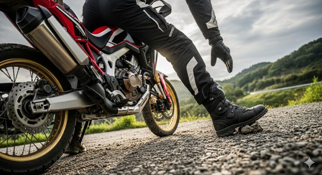 【CRF1100L徹底解説】アフリカツインは本当に「つまらない」のか?後悔する人、最高の相棒になる人の決定的違い アフリカツインにまたがったライダーの足が、つま先で地面にやっと届いている様子。足つき性の悪さと立ちゴケのリスクを表現。