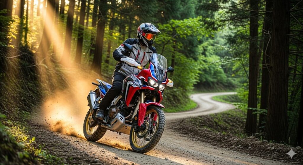 【CRF1100L徹底解説】アフリカツインは本当に「つまらない」のか?後悔する人、最高の相棒になる人の決定的違い 木漏れ日が差す未舗装の林道を駆け抜けるアフリカツインと日本人ライダー。冒険と走る喜びを表現した、バイクの真価を示す一枚。