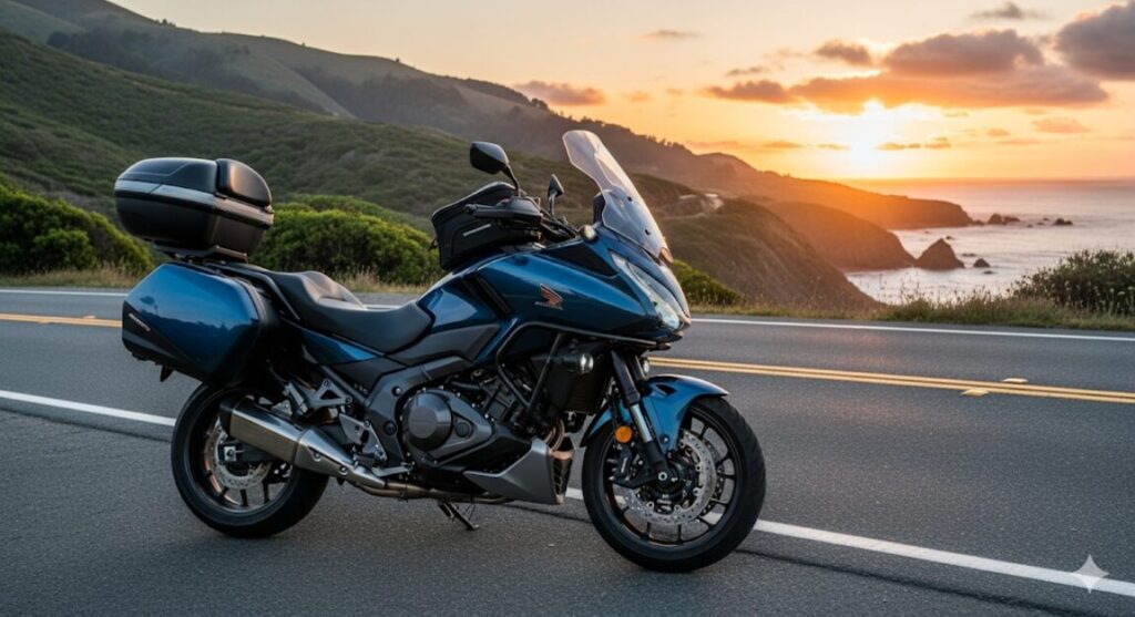 NT1100の評判は?不人気説から燃費・スペックまで徹底解説 ホンダNT1100が夕焼けの海岸線を走る。長距離ツアラーとしての基本性能とスペックがこの一枚に凝縮されている。
