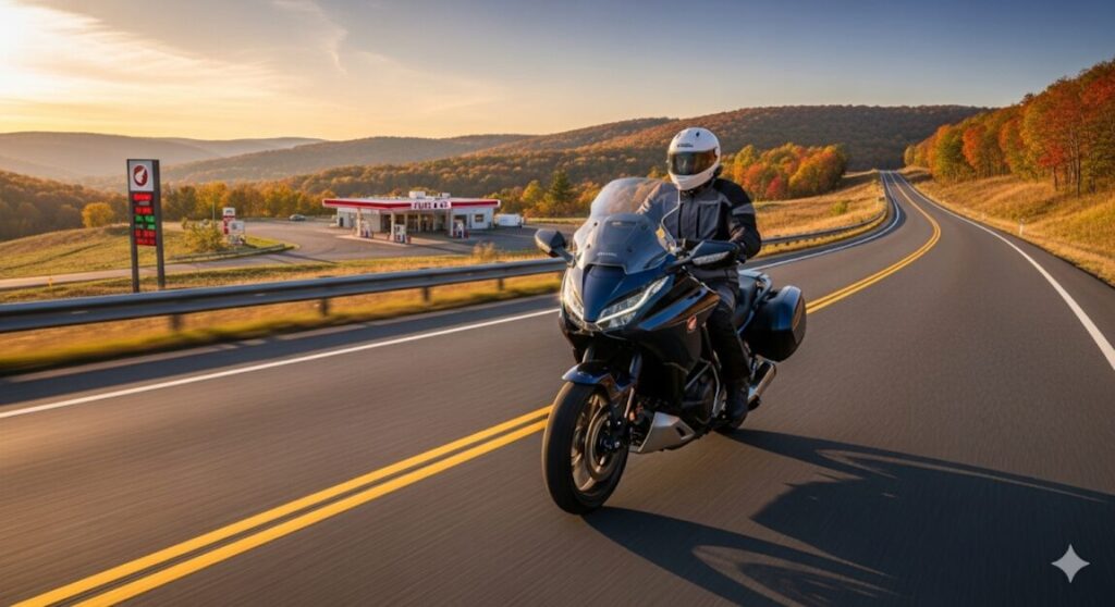 NT1100の評判は?不人気説から燃費・スペックまで徹底解説 ホンダNT1100の評判を支える優れた燃費性能。給油所に立ち寄るライダーの姿。