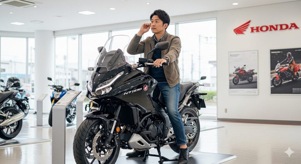 NT1100の評判は?不人気説から燃費・スペックまで徹底解説 ホンダNT1100の購入を検討する日本人男性がショールームでバイクに跨っている。NT1100の評判を確かめる最終ステップ。