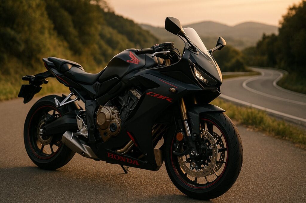 CBR650Rの燃費を徹底解説|オーナーの口コミから維持費、ライバル比較まで ホンダ CBR650R マットブラック×レッドラインが夕暮れの郊外ワインディングロードに停車している16:9構図。実燃費やツーリングシーンを想起させる自然光の高品質イメージ。