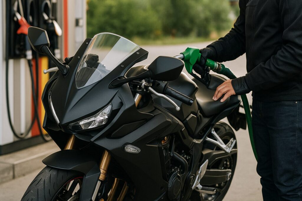 CBR650Rの燃費を徹底解説|オーナーの口コミから維持費、ライバル比較まで ホンダ CBR650R マットブラック×レッドラインがガソリンスタンドで給油されているシーン。ツーリング途中の満タン給油をイメージさせる構図で、航続距離や燃費に関する内容に最適な高品質16:9画像。