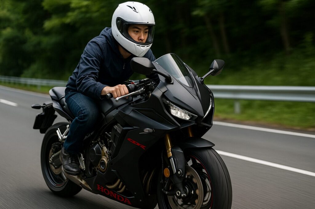 CBR650Rの燃費を徹底解説|オーナーの口コミから維持費、ライバル比較まで ホンダ CBR650R マットブラック×レッドラインが日本のワインディングロードを力強く加速しているシーン。ライダーは日本人で白いフルフェイスヘルメットを着用し、安全に走行。95馬力のパワーと燃費バランスを表現した16:9構図。