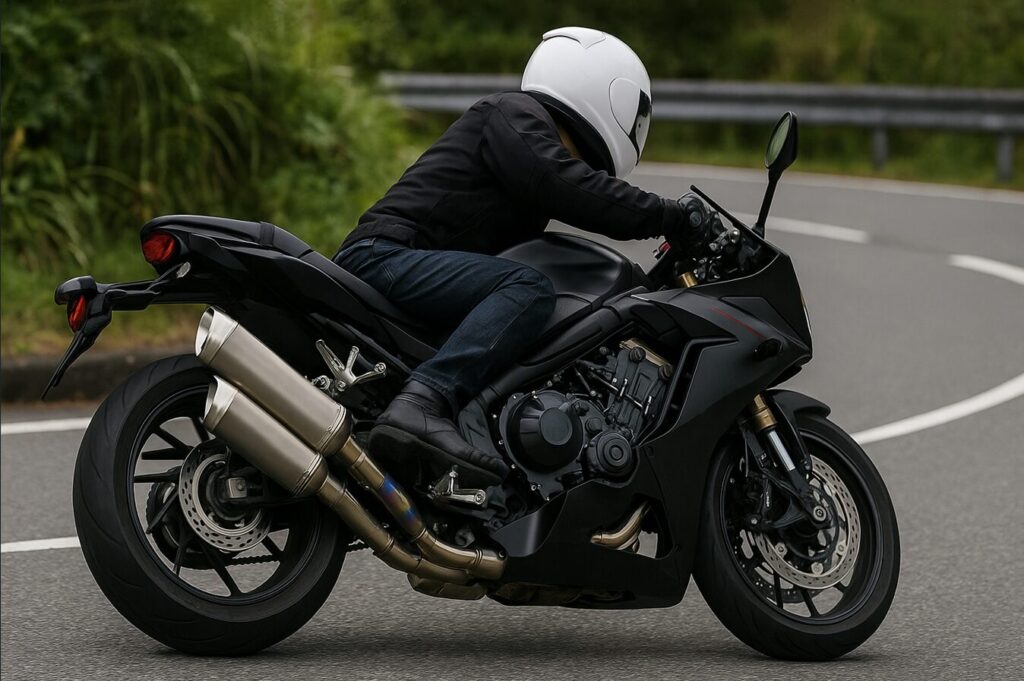 CBR650Rの燃費を徹底解説|オーナーの口コミから維持費、ライバル比較まで ホンダ CBR650R マットブラック×レッドラインがマフラー交換後のテスト走行をしているシーン。チタン調のアフターマーケットマフラーが装着され、コーナーを駆け抜ける日本人ライダー。マフラー交換による燃費変化を象徴する16:9画像。