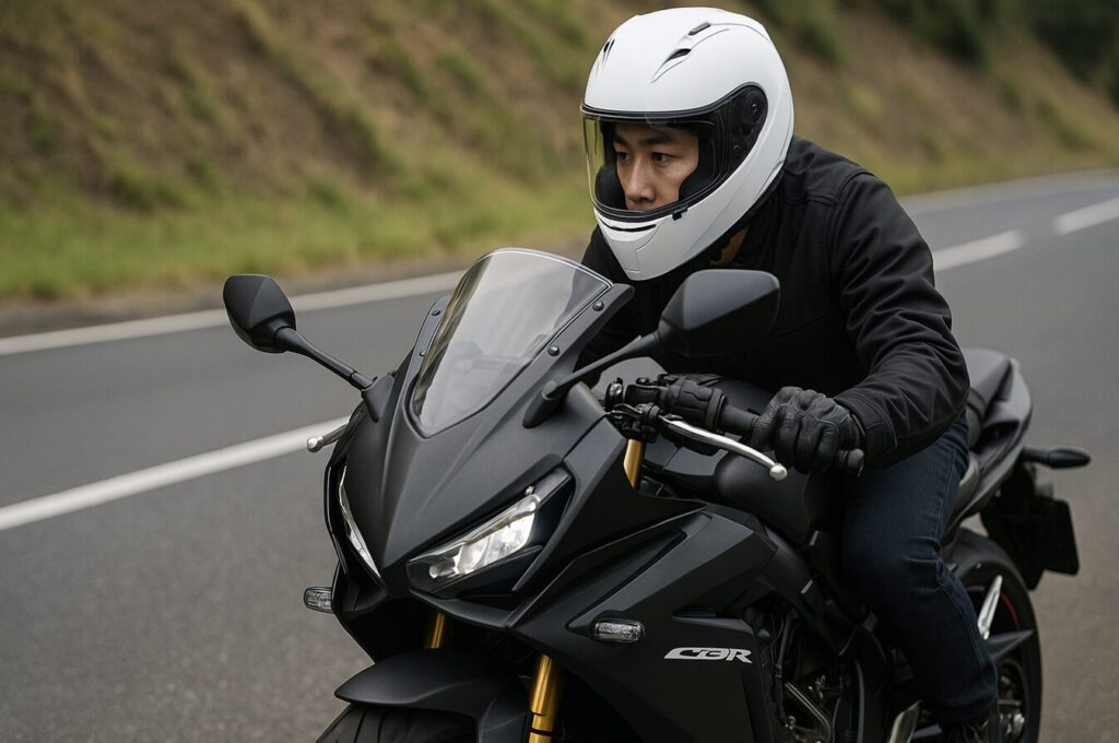 CBR650Rの燃費を徹底解説|オーナーの口コミから維持費、ライバル比較まで ホンダ CBR650R マットブラック×レッドラインを日本人ライダーが郊外の道路でスムーズに走らせるシーン。E-Clutchによる次世代のクラッチレス走行の滑らかさと未来的なライディング体験を表現した16:9構図。