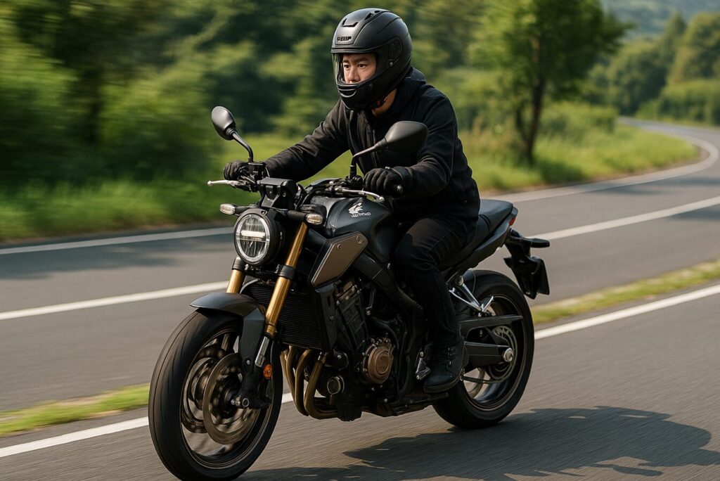 CBR650Rの燃費を徹底解説|オーナーの口コミから維持費、ライバル比較まで ホンダ CB650R ネイキッドモデルが日本の郊外ワインディングロードを走行しているシーン。金色フォークと丸型ヘッドライトが特徴的で、兄弟車CBR650Rとの違いを表現した16:9構図。日本人ライダーが安全走行する自然光の高品質写真。