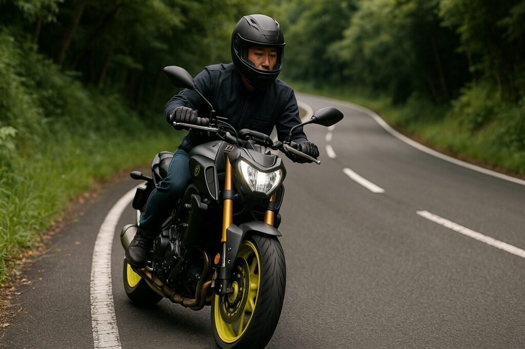 CBR650Rの燃費を徹底解説|オーナーの口コミから維持費、ライバル比較まで ヤマハ MT-07 マットグレー×イエローリムが日本のワインディングロードを軽快に走るシーン。日本人ライダーが安全装備で自然の中を走行し、燃費性能の良さと軽快さを感じさせる16:9構図の高品質写真。