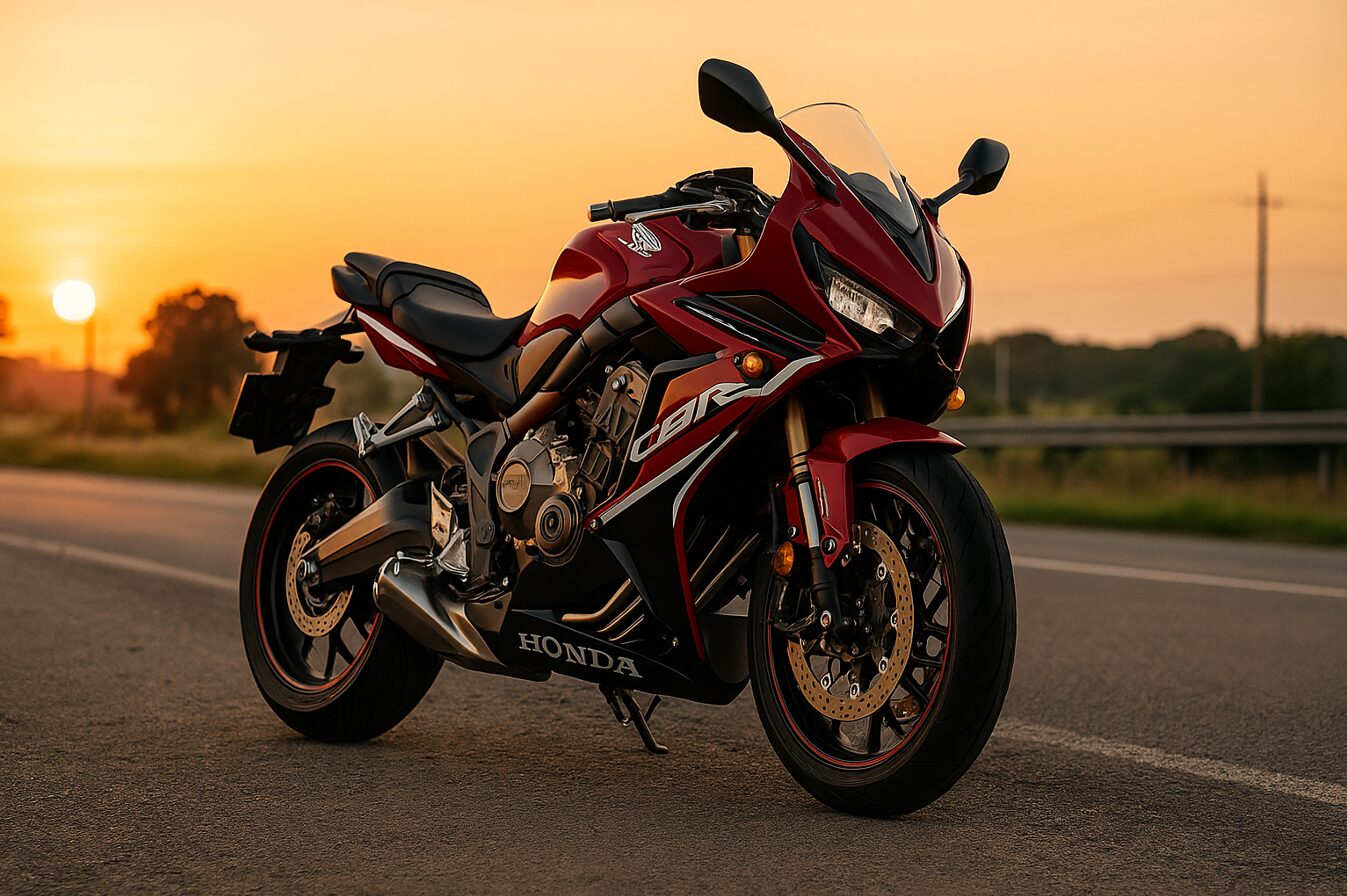 夕焼けに照らされるホンダ CBR650R が郊外の道路に停車しているシーン。赤と黒のボディが夕日を反射し、高品質な16:9構図でバイクの美しいデザインと質感を際立たせたアイキャッチ用画像。