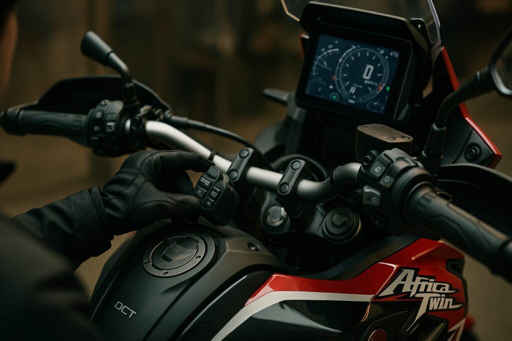 【完全ガイド】アフリカツイン1100の中古購入|1000cc比較から後悔しない選び方まで 日本人ライダーがアフリカツイン1100 DCTの操作系を確認するクローズアップ(16:9)— 中古DCT選びのポイント解説向け