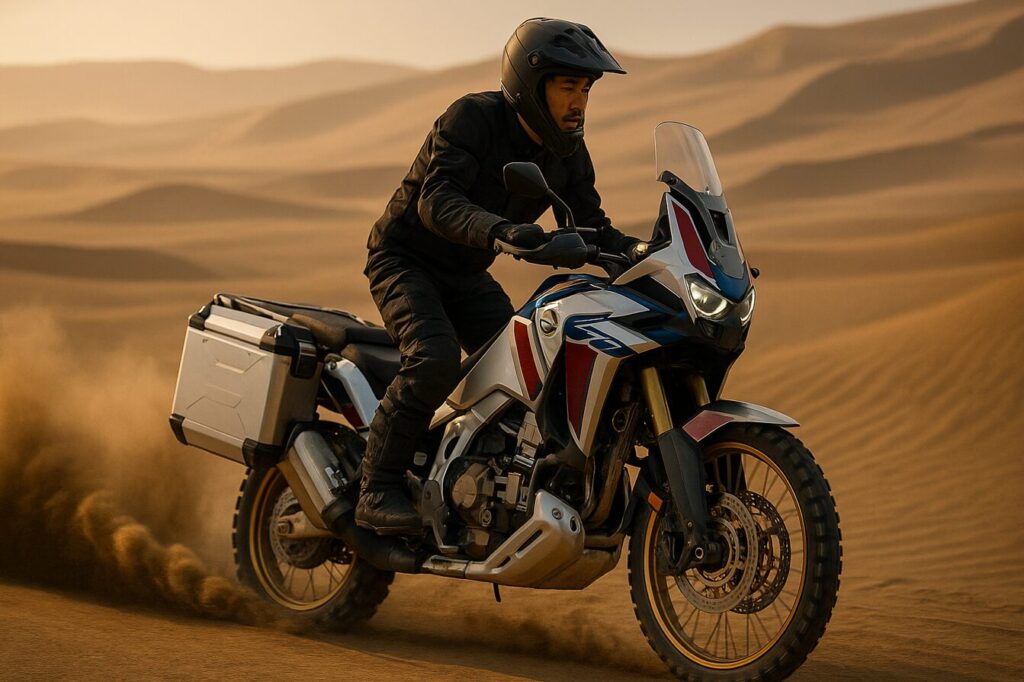 【完全ガイド】アフリカツイン1100の中古購入|1000cc比較から後悔しない選び方まで 日本人ライダーがアフリカツイン1100アドベンチャースポーツで砂丘を走るシーン(16:9)— 大容量タンクや装備の特徴を表す画像