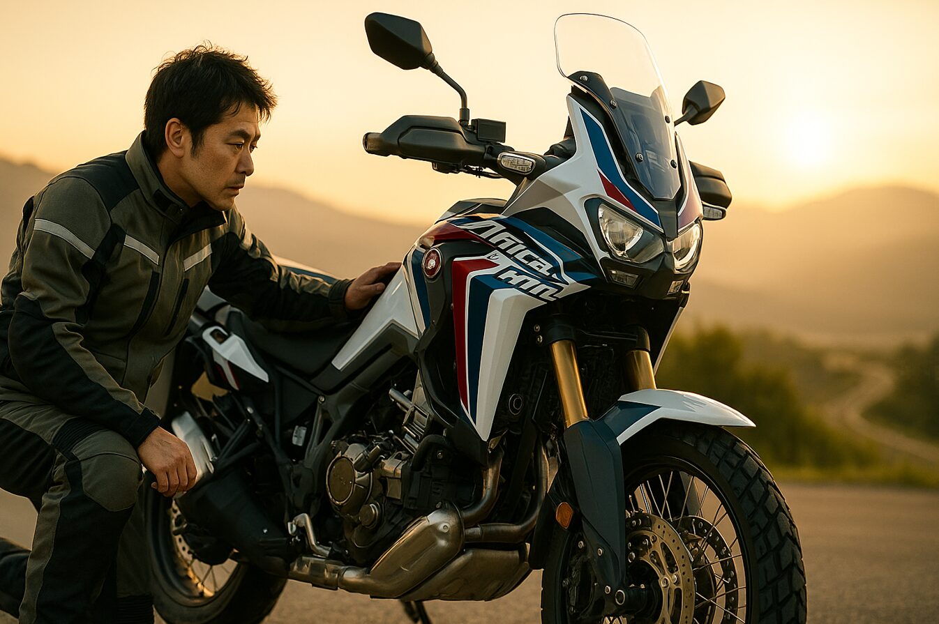 朝焼けの山岳ロードで日本人ライダーがアフリカツイン1100に荷物を積み、ツーリングの準備をする情景（16:9）— 自由と冒険を感じさせる中古バイク購入ガイド用アイキャッチ画像