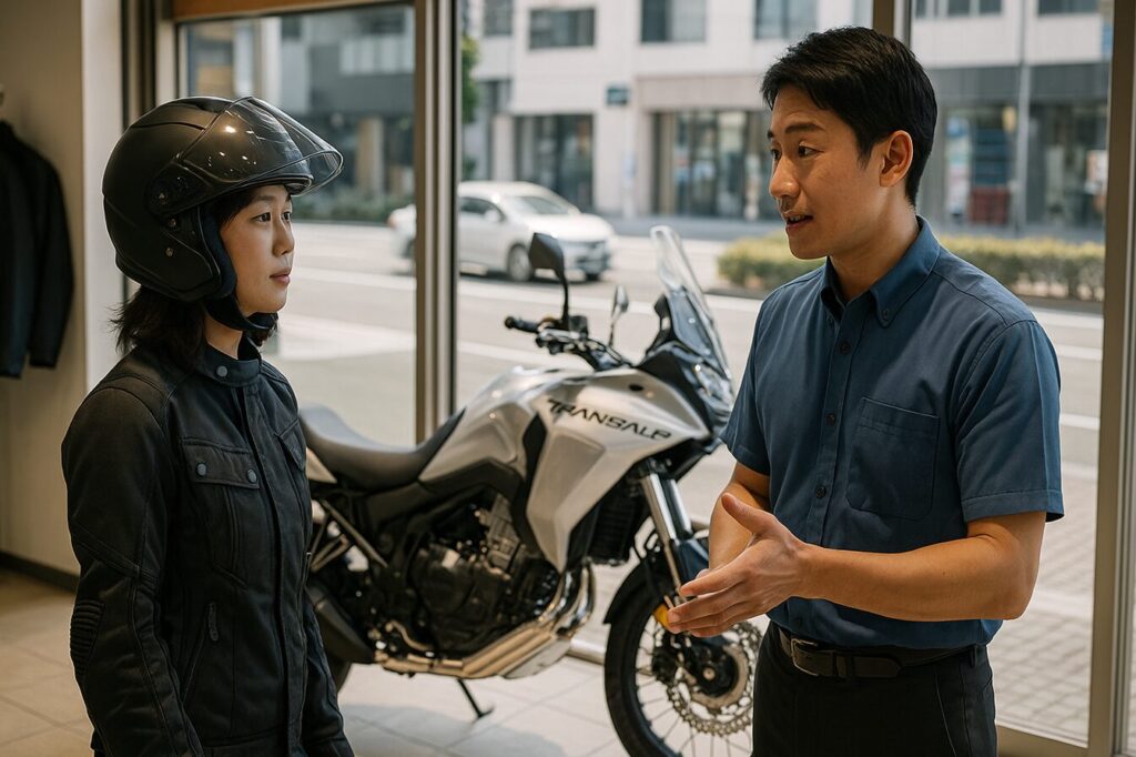 ホンダドリーム店の店内で納期について営業スタッフと話す日本人ライダー（男女いずれか）。トランザルプ750の納車待ち状況を表現。
