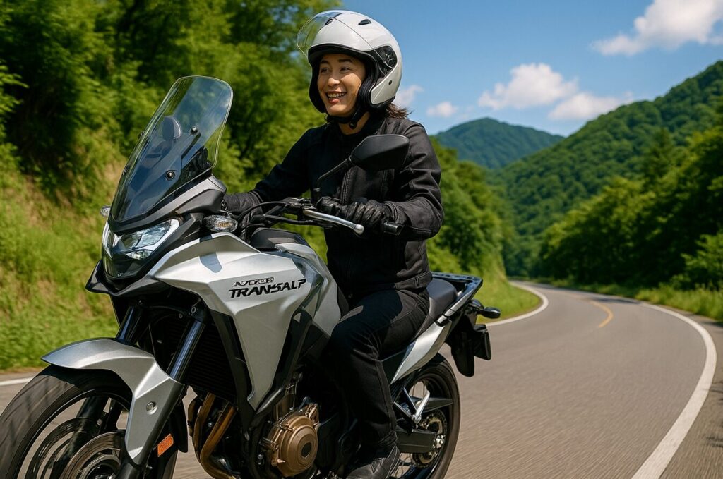 山道を気持ちよく走る日本人ライダー（男女いずれか）とホンダ XL750 トランザルプ。値引き以上の満足感を表現。