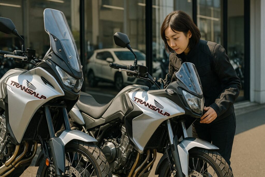 新車と中古のホンダ XL750 トランザルプを見比べる日本人ライダー（男女いずれか）。中古という賢い選択を表現。
