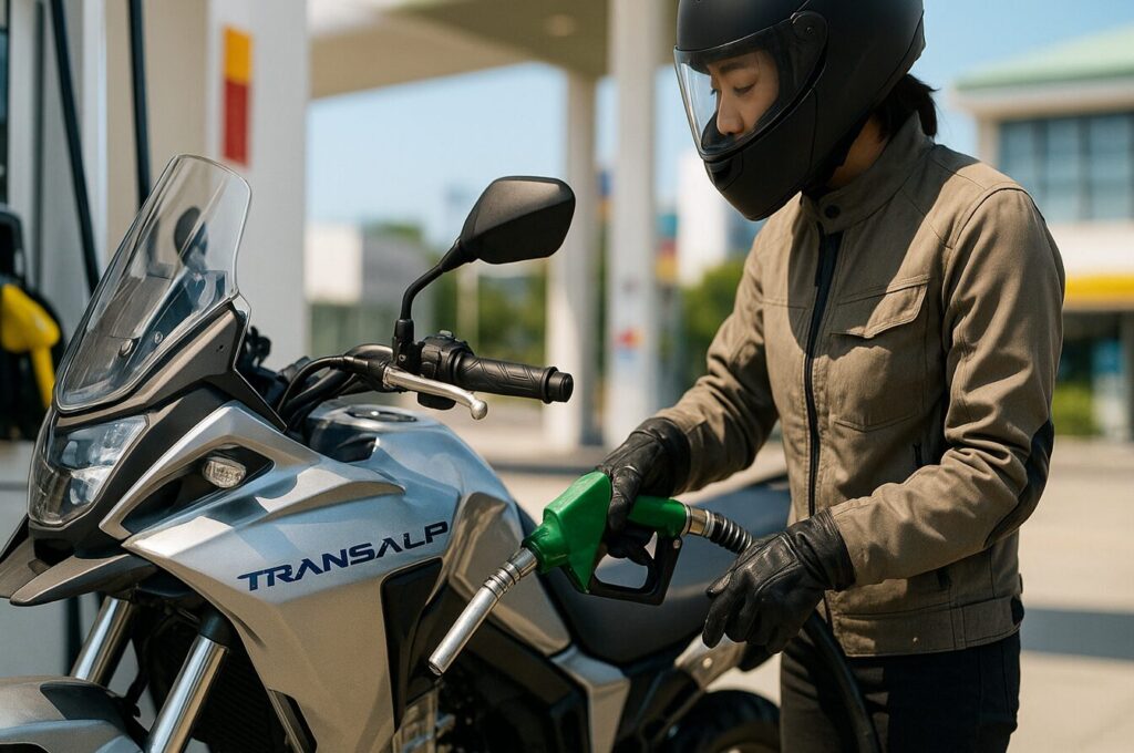 ガソリンスタンドでホンダ XL750 トランザルプにレギュラーガソリンを給油する日本人ライダー（男女いずれか）。優れた実燃費性能を表現。